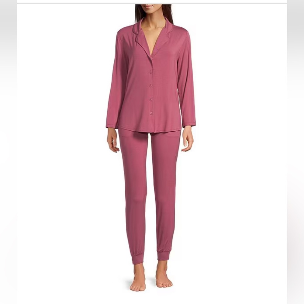 Van Wrinkle & Co Long Sleeve Notch Collar Knit Top Jogger Pajama Set Red Size S